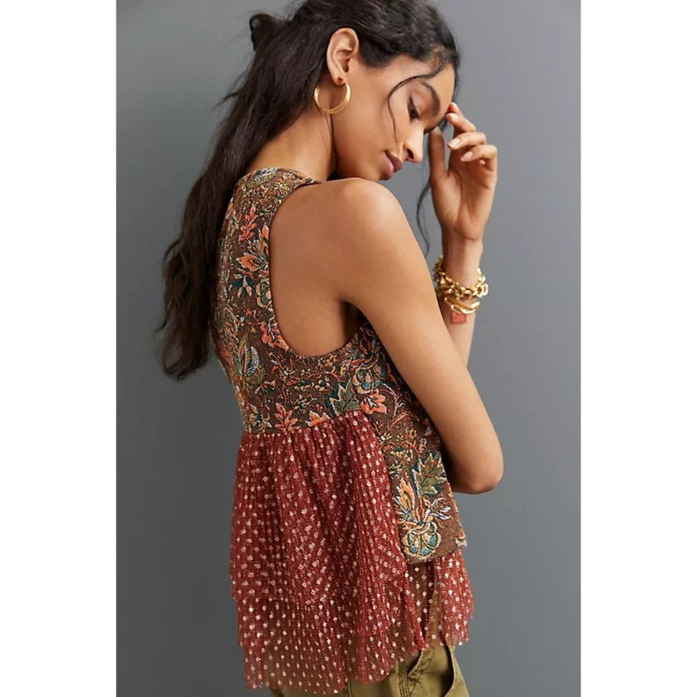 Anthropologie Eva Franco Jacquard Sleeveless Brown Floral Top Plus Sizes - Picture 3 of 8
